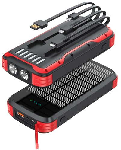 MINRISE Chargeur solaire 40 000 mAh - Chargeur portable PD 20 W - Charge rapide - 4 câbles intégrés et entrée USB-C - Batterie externe avec lampes de poche