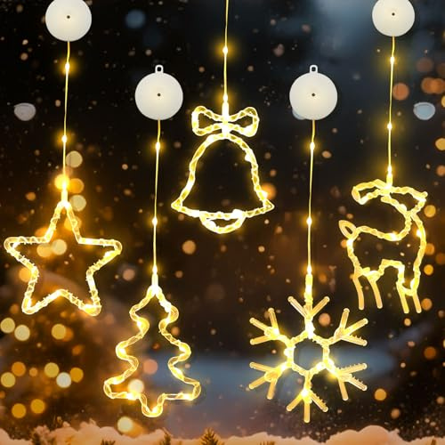 GZWY LED Weihnachtsbeleuchtung Fenster, 5 Stück Weihnachtsdeko Fenster Beleuchtet mit Saugnapf, Timer, 8 Modi, Fensterdeko Weihnachten Beleuchtet Lichterkette, LED Lichtervorhang für Weihnachten Deko
