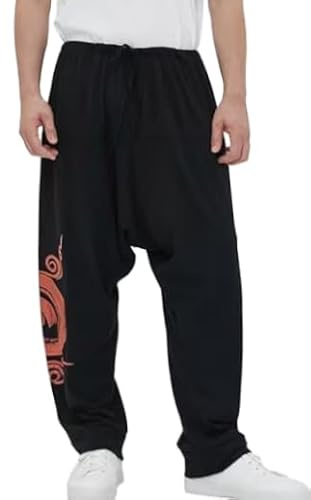 Geagodelia Pantaloni Kung Fu Harem Harem Pantaloni larghi con motivo rune Streetwear elastico fluido comfort giapponese Hip Hop elastico in vita elastica, Nero , L