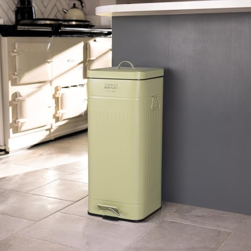 CHARLES BENTLEY Retro Kitchen Pedal Bin 30L Square Steel, Sage, 30 Litre