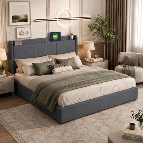 Doppelbett 140x200cm, Hydraulisch Stauraumbett Gepolstertes Bett, Polsterbett mit USB-Ladestation, Jugendbett Funktionsbett Bettgestell mit Lattenrost, Leinen, Ohne Matratze(Grau+Leinen, 140x200cm)