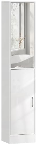 kleankin Armoire de Salle de Bain Haute avec Miroir Brillant Blanc | Armoire de rangement de salle de bain, unité au sol, étagère réglable