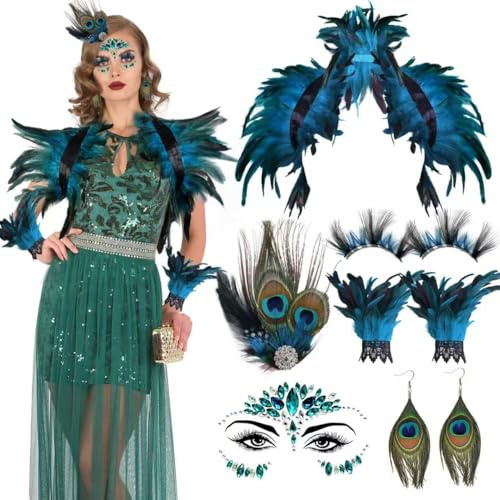 7 Stück Pfau Kostüm Damen Accessoires Set mit Pfauenfedern Federkragen Kopfschmuck Handschuhe Ohrringe Tattoo Kostüm Pfau Damen Vogel Pfauen Faschingskostüme AccessoiresFrauen Erwachsene Karneval