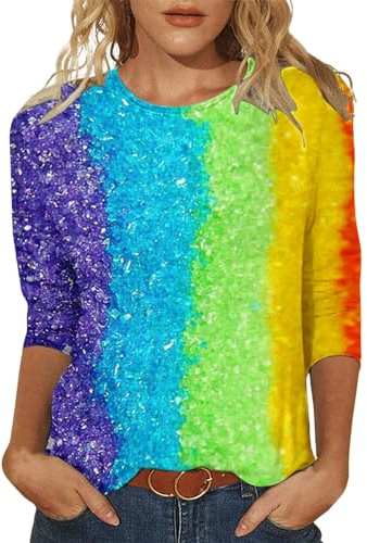 Damen Regenbogen Langarmshirt mit Welle Muster Rundhalsausschnitt Buntes Oberteil Karneval Stilvolles Design Pailletten OberteilStretch Material Modisches Party Shirt
