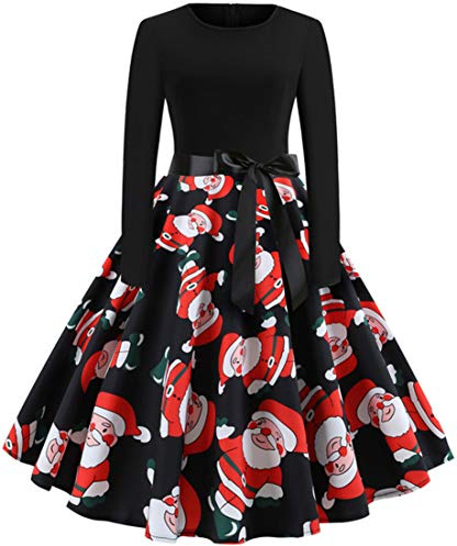 RUISHH Mujeres Vestido de Manga Larga de Cóctel Navidad Motivo Elegante Vestido de Fiesta Vintage Rockabilly Muñecos de Nieve M