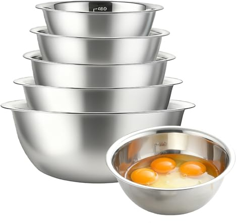 PORFOYO Juego de 5 cuencos para mezclar, 580/900/1600/2050/2600 ml, de acero inoxidable, con mediciones, ensaladera, apilables, juego de cuencos de metal, cuencos de acero inoxidable para salsas