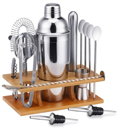 LIXSAZSE Juego de 14 Unidades de batidor Bebidas, Juego Jigger Doble Cara, Mezclador Bebidas con Estante bambú, Kit Herramientas Mezcla Profesional para Fiestas