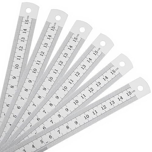Jeffdad 6 Stück Edelstahl Lineal, Metall Lineal 15cm Doppelseitenskala Kante Stahllineal Robustes Metall-Lineal Messwerkzeuge Edelstahl Lineale für Lehre Büro Zeichnen Engineering
