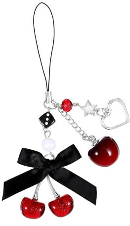 Ruispeed Kurze Correa para Teléfono con Adorno de Cerezas – Llavero para Teléfono en Negro como Correa Decorativa Corta para Smartphone y Llaves