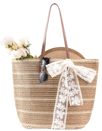 boshiho Sommarhalm strandväska dam – 2026 naturligt flätad handväska, stor halmväska urbane boho trendig strand halmväska för resor, shopping, semester, pendling, 45 cm x 37 cm x 13,5 cm