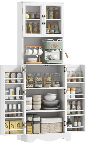 HOMCOM Buffet Haut Cuisine, Armoire de Cuisine, vaisselier vitrine, 4 Portes, 8 Porte-épices, Plan de Travail, étagère réglable, Meuble de Rangement pour Salon, Salle à Manger, 60x39,5x179,6cm, Blanc