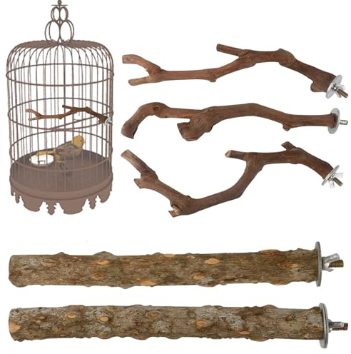 Fågelbur sittpinnar - 5 stycken i trä för lek och vila | sittpinnhållare, för fågelbur: Conures, balsitter, vågiga parakider, halsbandsperier,