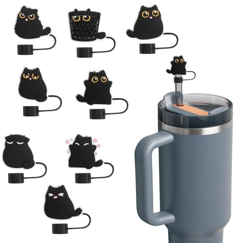 8 Pezzi Cappuccio Cannuccia Stanley 10 mm, Cappuccio Cannuccia Compatibile 9–10 mm, Accessori Stanley Cup, Protezione Cannuccia Antipolvere, Motivo Gatto, Riutilizzabile per Borraccia e Uso Esterno