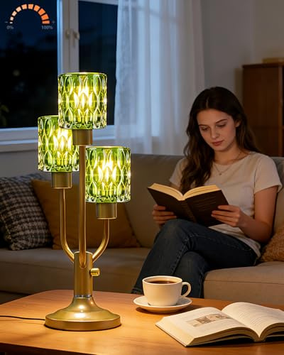 Lightdot Mid Century Glass Table Lamp 3-Light Gold Dimmable Desk Lamp with Green Glass Shade & Bulb Included 3000K Warmwhite Farmhouse Nightstand Lamp for Living Room Bedroom Bedside