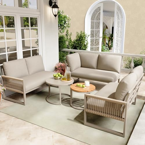 Set di Mobili da Giardino per 6-7 persone, con Divano Angolare e 2 Tavolo, Cuscini di Seduta e Schienale, Set di Divani da Esterno, Imbottiti Salottino per Terrazzo, Struttura in Ferro Zincato( Beige)