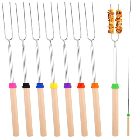 8 Stück Grillspieße Lagerfeuer, Lagerfeuer Spieße Lang, Teleskop Grillspieße Edelstahl Marshmallow Grillgabel BBQ Gabeln, Edelstahl Ausziehbar, für Camping Grill BBQ den Außenbereich, 31-81cm