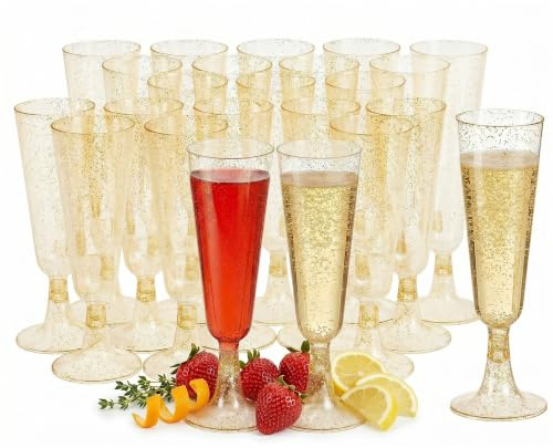 50 Pcs Plastic Champagne Flutes with Gold Glitter, 150ml / 5oz Reusable Plastic Champagne Glasses, Stemmed Party Prosecco Glasses for Cocktail, Wine, Dessert, Parties, Weddings, Birthdays, Anniversary