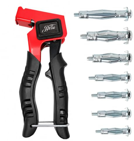Kit Tacos Pladur con Alicates – 43 Piezas, Set de Tacos Metalicos Expansion con 42 Tacos Metálicos, 7 Tamaños M4/M5/M6 (32–65 mm) para Tacos Pared Hueca, Pladur, Madera, Incluye Taco (Rojo)