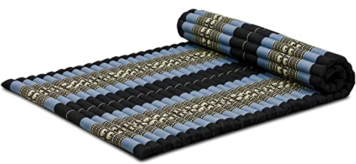 livasia roll-up mat roll-up mattress L wide comfortable - 79x43x1.8″ - Guest bed/mattress for 1 person, Travel bed for the boot outdoors, Thai mat kapok garden balcony hand made (Blue/Elephants)