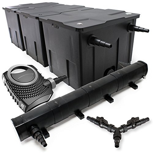 SunSun Komplettset: CBF-350C Teichfilter bis 90000 L Teichfilteranlage als Durchlauffilter, NEO10000 SuperECO Teichpumpe 10000l/h 80W, CUV-272 Teichklärer UVC Klärer mit 72W, Y-Verteiler