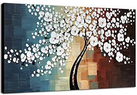 Wieco Art Blooming Life ölgemälde auf Leinwand, modern, groß, gespannt und gerahmt, handgemalt, Motiv mit weißen Blumen, kann direkt aufgehangen werden