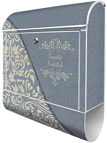 banjado Design Briefkasten personalisiert mit WT Blaues Ornament 38,5x46,5x13cm & 2 Schlüssel - Briefkasten Stahl weiß mit Zeitungsfach pulverbeschichtet - Postkasten A4 Einwurf inkl. Montagematerial