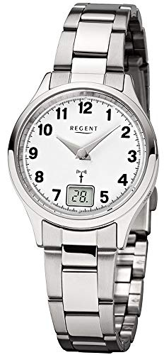 Regent URFR193 Montre-bracelet élégante pour femme - Analogique et numérique - Bracelet en acier inoxydable argenté - Montre radio-pilotée - Cadran blanc, Bracelet