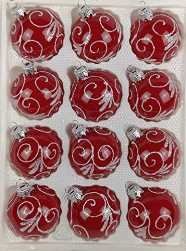 12 TLG. Glas-Weihnachtskugeln Set in Hochglanz Modern Rot Weisse Ornamente - Edle Neuheit - Christbaumkugeln - Weihnachtsschmuck-Christbaumschmuck