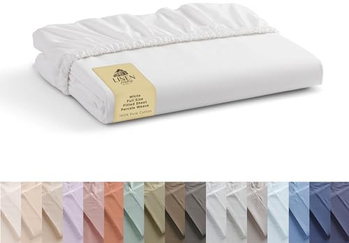 Linen Home 100% Cotton Percale Weave Fitted Sheet, Full Size, White, 1 Deep Pocket Fitted Sheet, Fits Mattress Upto 16 Crisp and Cool Strong Bed Linen, 54X75+15