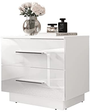 lukmebel Nachttisch LINA 55x50x37 cm- LED Beleuchtung - Nachtkästchen - Weiß/Weiß Hochglanz - Verchromte Griffe - Nachtschrank - Beistelltisch mit Schublade - Schlafzimmerschrank