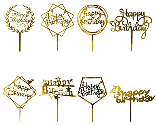 OWill 8 Pcs Happy Birthday Cake Toppers Acrylic Cake Toppers Cake Decoration Party Supplies for Children or Adults Various Cupcake Topper (Gold)