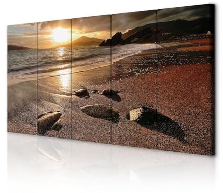 decomonkey Bilder Meer Strand 200x80 cm XXL 5 teilig Leinwandbilder Sonne | Strukturleinwand, Holzkeilrahmen, Bild auf Leinwand, Wandbild, Kunstdruck, Wanddeko, Wohnzimmer, Wanddekoration, See, Himmel