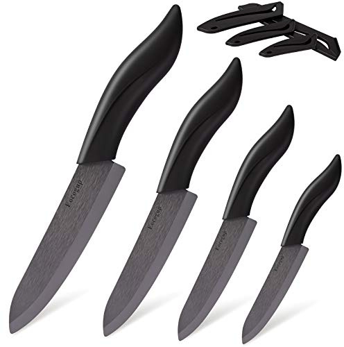 Updated Version Ceramic Knife Set 4-Piece with Sheaths (Includes 3 Paring Knife, 4 Fruit Knife, 5 Utility Knife, 6 Chef Knife) for Home Kitchen(Black)