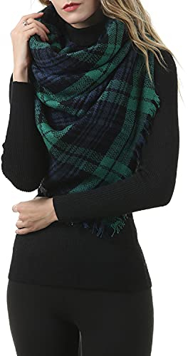 Durio Karoschal Damen Schal Winter Weich Deckenschal Quadratisch Übergroßer Strickschal Kariert Poncho mit Fransen Blau Grün