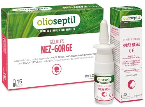 Olioseptil - Duo Nez-Gorge Gélules + Spray Nasal Aide à soulager rapidement les sensations de nez bouché et gorge irritée Huiles essentielles 100% pures naturelles, (SN1685)