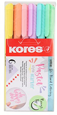 Kores – pastellpennor – markörpennor för penselspets – mjuk penselspets, vattenbaserat bläck – färgpennor, penselpennor för färgning, konsttillbehör, pastellpapper – set med 6