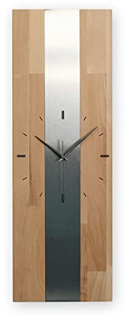 Designer-Wanduhr Silver Stripe lautlose Funkuhr oder Quarzuhr aus Massivholz Buche oder Eiche analog ohne Tickgeräusche 60x20cm metallic modern Luxus Made in Germany (Funkuhrwerk, Buche)