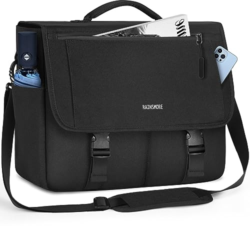 RAINSMORE Messenger Bag for Men Messenger Bag 15.6 Inch Water Resistant Laptop Bag Casual Satchel Bags for Men Large College Computer Bag Office Work Briefcase Fashion Crossbody Shoulder Handbag Black