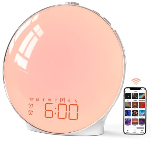 MOMILLA Smart Sunrise Alarm Clock, White Noise Sound Machine Wake-up Light with App Control, FM Radio, Sunset Night Light, Dual Alarms with Snooze Function for Heavy Sleepers Kids