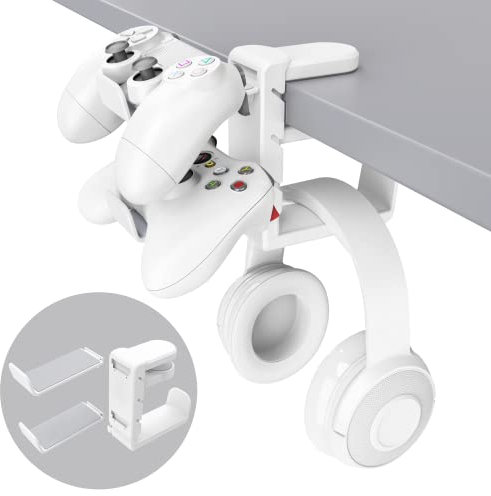3-in-1 Headset&Controller Holder-Rotatable Gaming Accessories Headphone Holder with Clamp & Detachable Holder for Controller & Cable Organizer, PC Gaming Accessory Controller Headset Stand, White