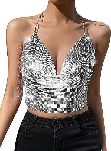 Sexy glitzerndes Damen-Top mit Pailletten und tiefem V-Ausschnitt, rückenfrei, bauchfreies Tank-Top, metallisches Club-Shirt, 70er-Jahre-Disco-Rave-Outfits