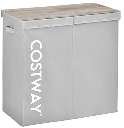 COSTWAY 105L Double Laundry Hamper, Fabric Laundry Basket with 2 Sections, Wooden Lid & Handles, Divided Dirty Clothes Storage Sorter Washing Bin Organiser for Laundry Room Bathroom Bedroom (Grey)