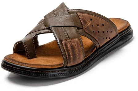 JOMIX Sandales Homme Cuir Tongs Hommes Sandales d'été Sandale d'intérieur Bande Croisée Confortables pour Mer Piscine Plage (Kaki, 41)