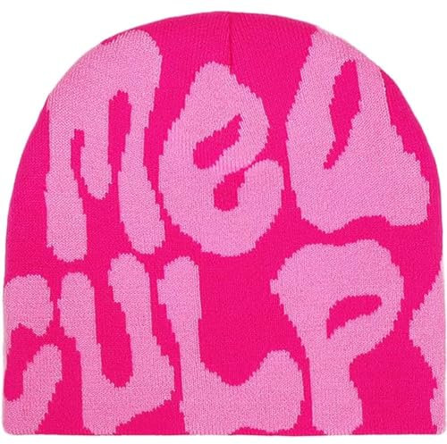 COTBENN Y2k MEA Culpa Graphic Beanies Mütze, Wolle, Acryl, Strick, Totenkopfkappe, Winter, warm, Streetwear, Hüte für Damen, Herren, Jugendliche, Rosa, Rosa, Einheitsgröße-M
