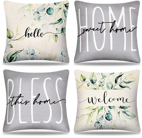 DakTou Kissenbezug 40 x 40 cm Frühling Sommer Leinen Dekorativer kissenbezüge Eukalyptus Blätter Grüne Pflanze Dekokissen Sofakissen Bezüge für Sofa Outdoor Garten Schlafzimmer Terrasse 4er-Set