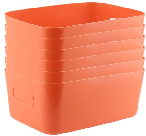 JEUIHAU 6 Pack 30 x 20 x 12cm Orange Plastic Studio Storage Baskets, Cupboard Storage Boxes, Rectangular Studio Storage Baskets with Handles, Plastic Baskets for Cupboard, Bathroom, Office