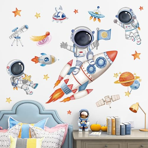 wondever Wandtattoo Weltraum Kinder Astronaut Wandsticker Planeten Raketen | Abziehen und Aufkleben, Abziehbar, Wandaufkleber Selbstklebend für Kinderzimmer Junge Babyzimmer Jungenzimmer Wanddeko