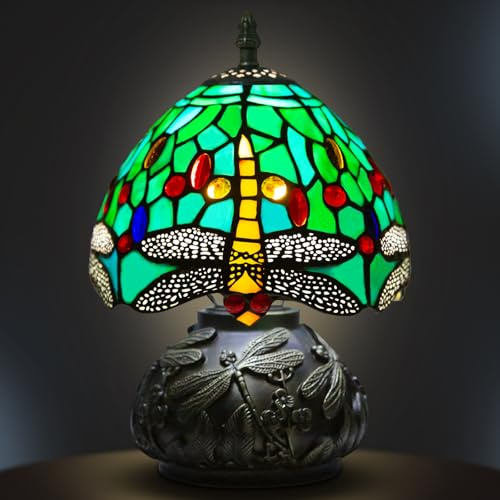 Ppbmocw Small Tiffany Lamp,Green Dragonfly,3 Color Temperatures | Mushroom Stained Glass Table Lamp For Bedside,Living Room,Reading