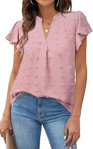 Satohom Camicetta in Chiffon a Maniche Corte con Scollo a V Casuale Estivo da Donna Tunica Elegante Maglietta a Pois con Volant per Le Signore, Nero, Bianco, Rosa