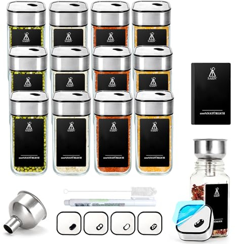 SIAZIH 12 Gewürzgläser eckig mit Edelstahldeckel，Glasbehälter mit Deckel 120ml, Drehbarer Deckel mit 4 Modi für Gewürzstreuer,Vorratsdosen Glas Set,Camping Outdoor Gewürz Organizer